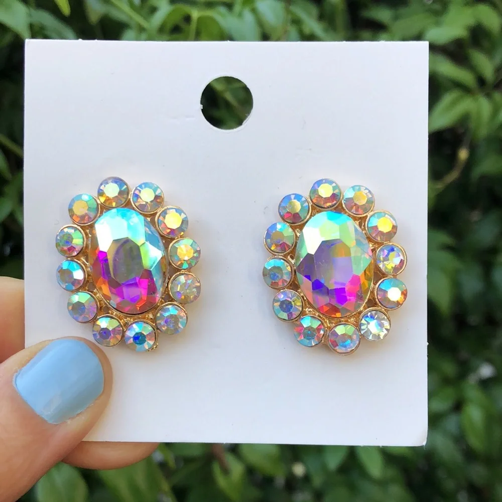 Aurora Borealis Oval Crystal Halo Statement Earrings